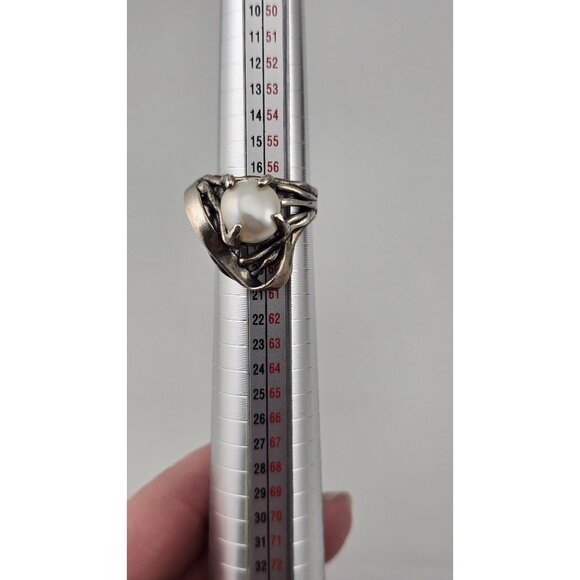 Vintage Brutalist 925 Sterling Silver Ring With Pearl Size 8 10.2g Statement - Picture 5 of 10